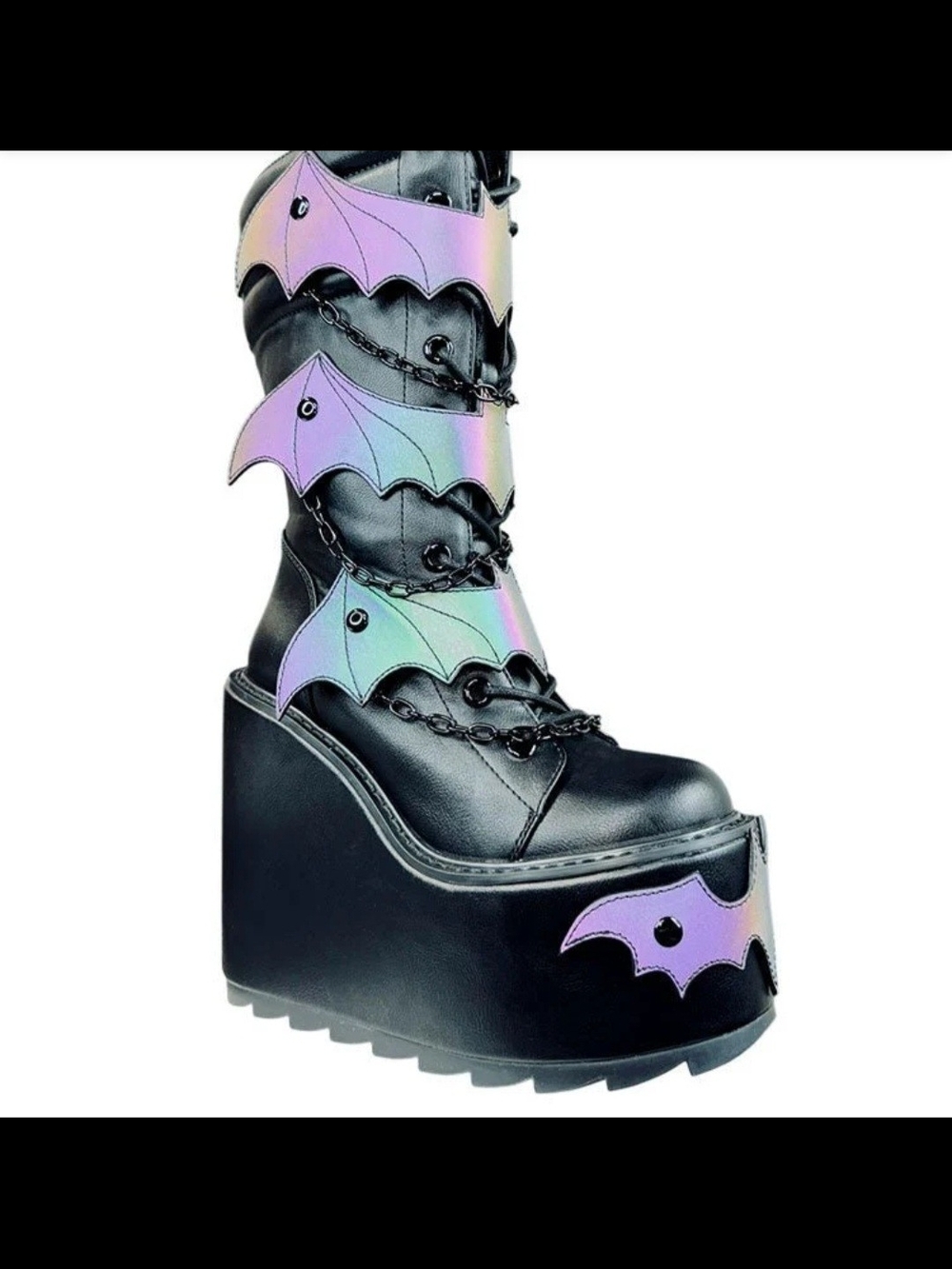 Black Platform Boots with Reflective Bat Straps